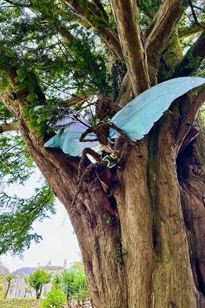 A tree with an umbrella on it's trunk.