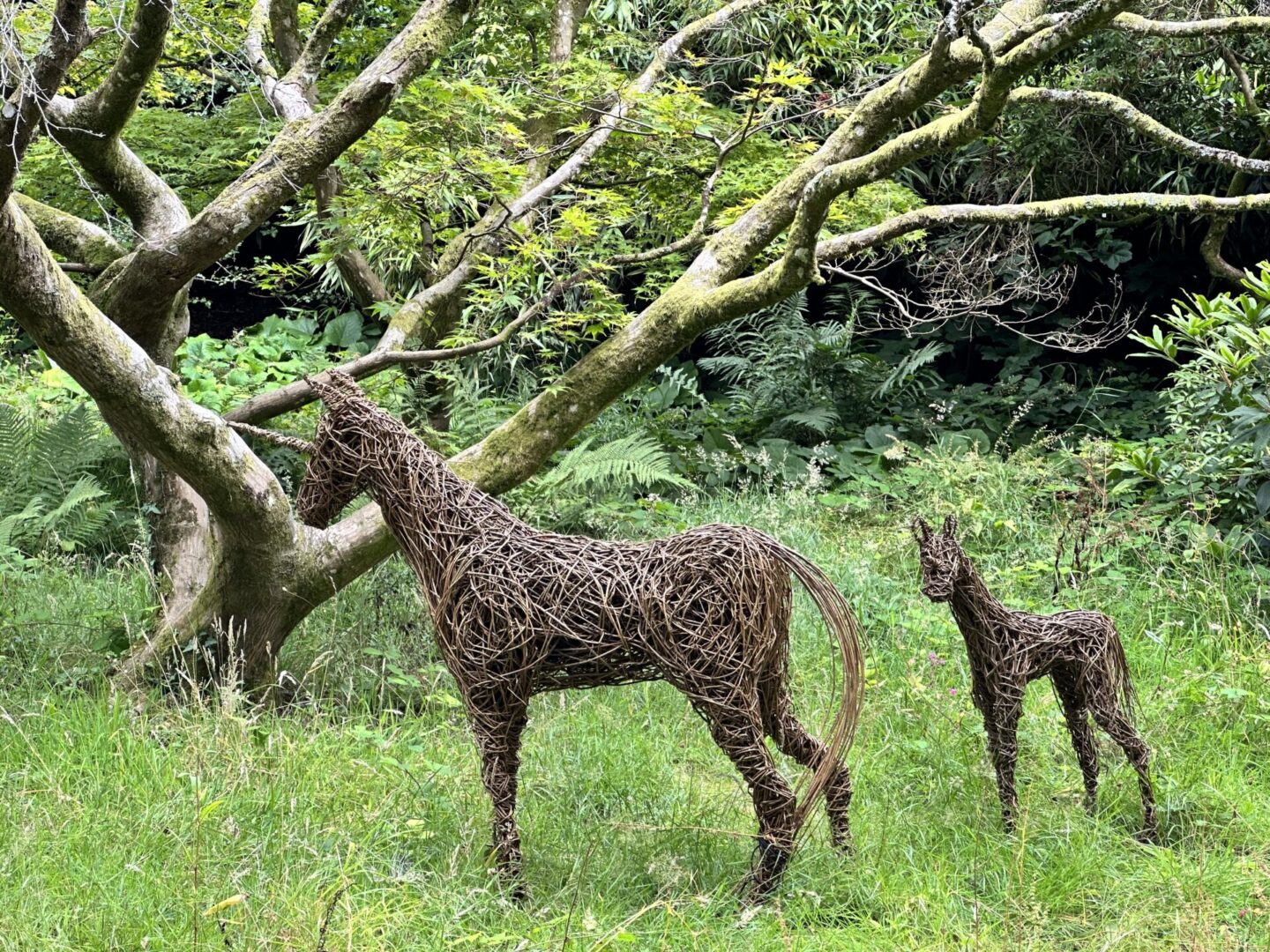 A pair of horses made from branches in the grass.